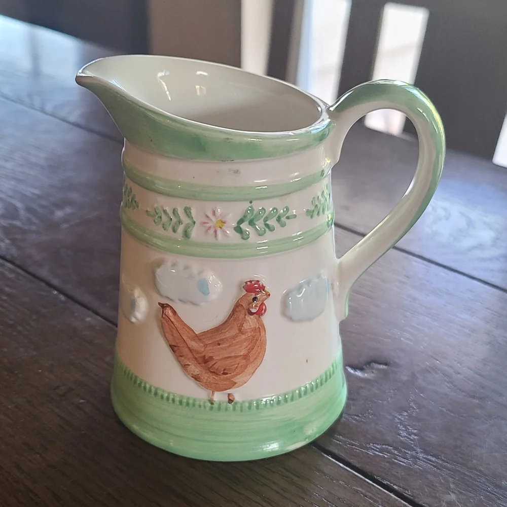 Vintage 1982 Green Ware Andrea West small pitcher/creamer with chickens🐣